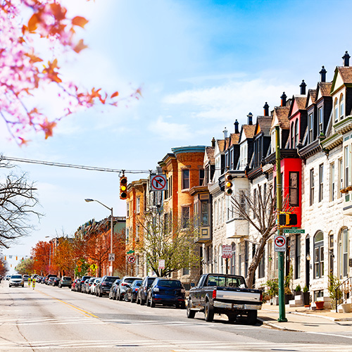 houses lining a street in Baltimore City with cars parked alongside