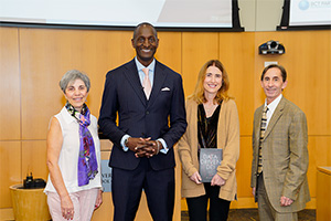 Eleanor Perfetto, Randal Pinkett, Dean Sarah L.J. Michel, and Daniel Mullins pose for a photo after the lecture