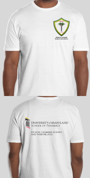 t-shirt with medical cannabis symbols and the back showing University of Maryland School of Pharmacy
