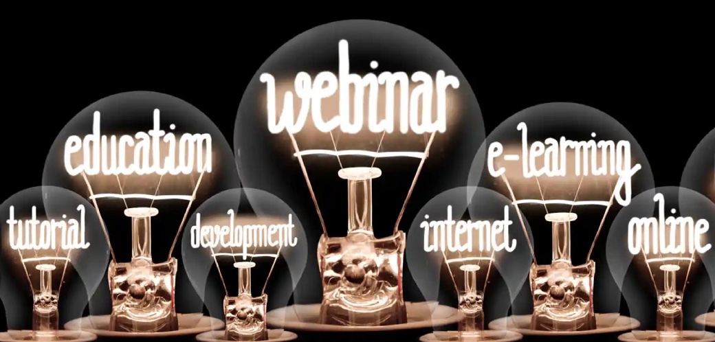 light bulbs with words like webinar, tutorial, online