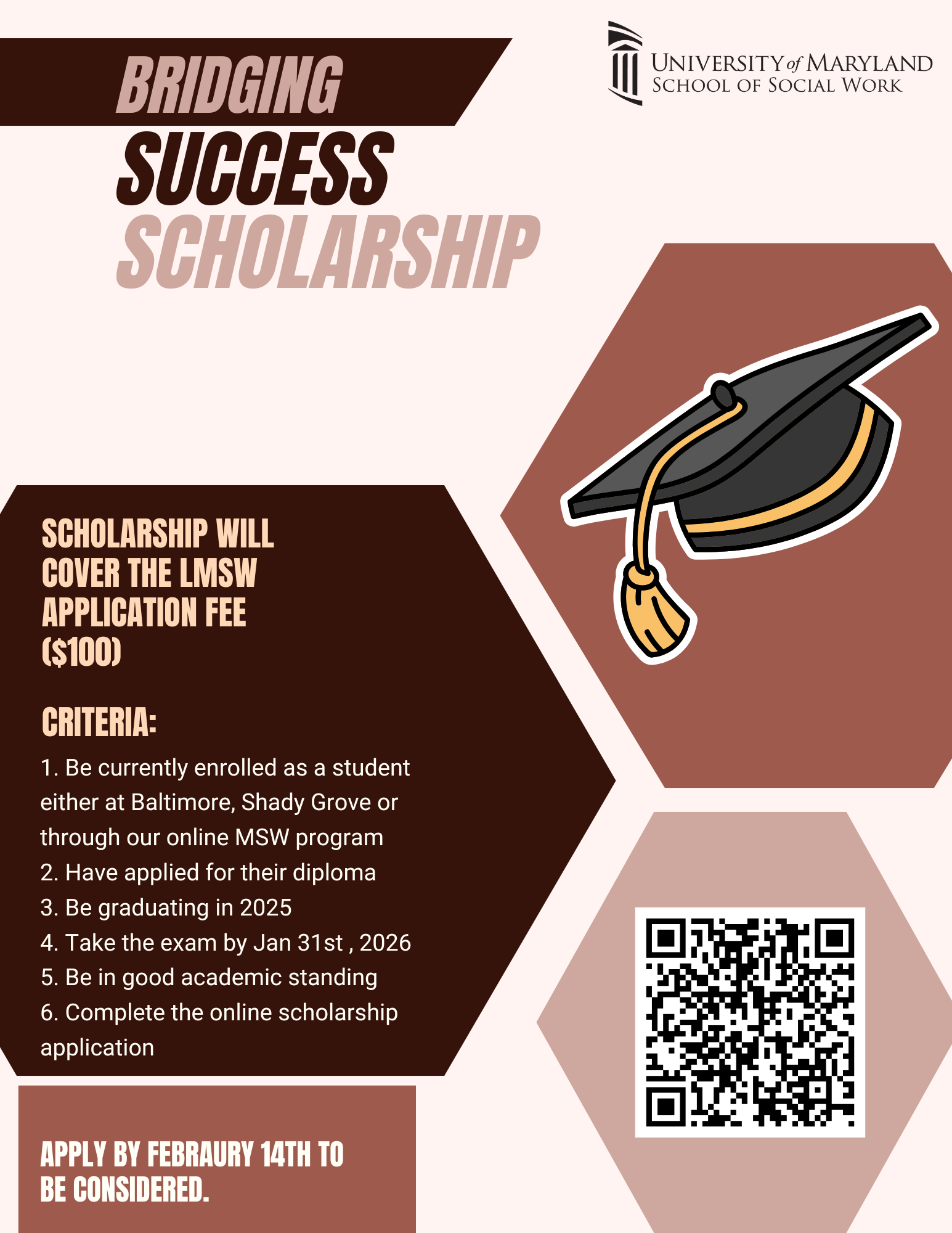 Picture of graduation hat and QR code to find application for scholarship