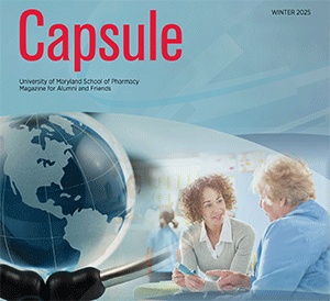 Cover of the Capsule magazine - a blue globe and two women talking