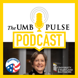 The UMB Pulse Podcast with photo of Jody Olsen and Peace Corps logo