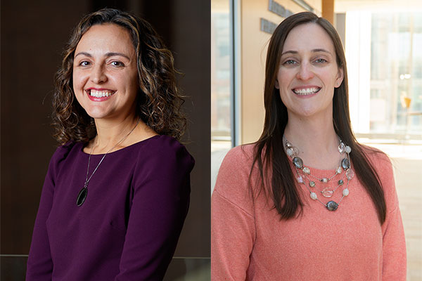 Two individuals in separate indoor settings, one wearing a deep purple top with a pendant necklace, the other in a coral sweater with a layered beaded necklace