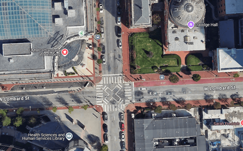 aerial view of intersection at Greene and Lombard Streets