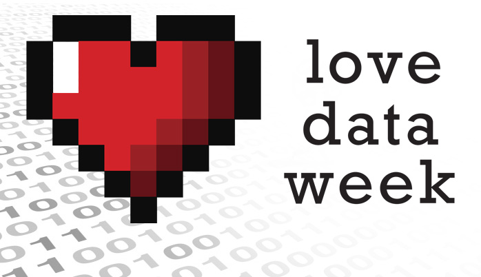 love data week logo with 8 bit heart over a field of 1s and 0s