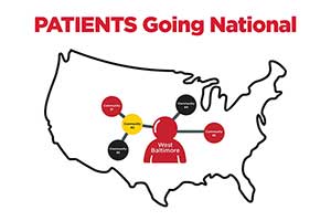 Line drawing of the united states with a central figure representing West Baltimore and five pins indicating expanded outreach.