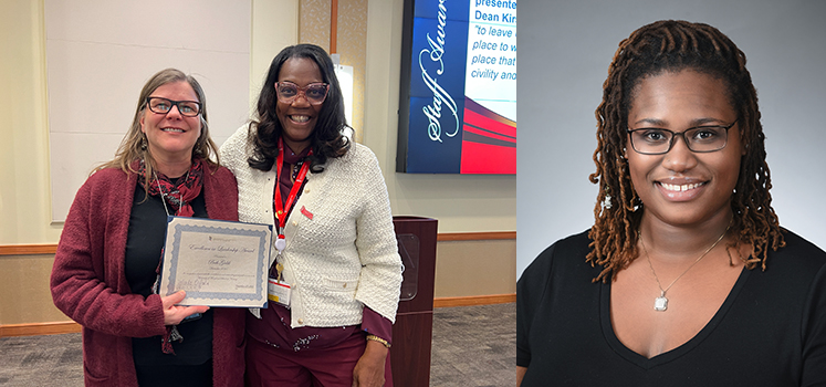 left: Beth Galik accepting Dean Jane M. Kirschling Excellence in Leadership Award from Dean Yolanda Ogbou; right: Ayamba Ayuk-Brown