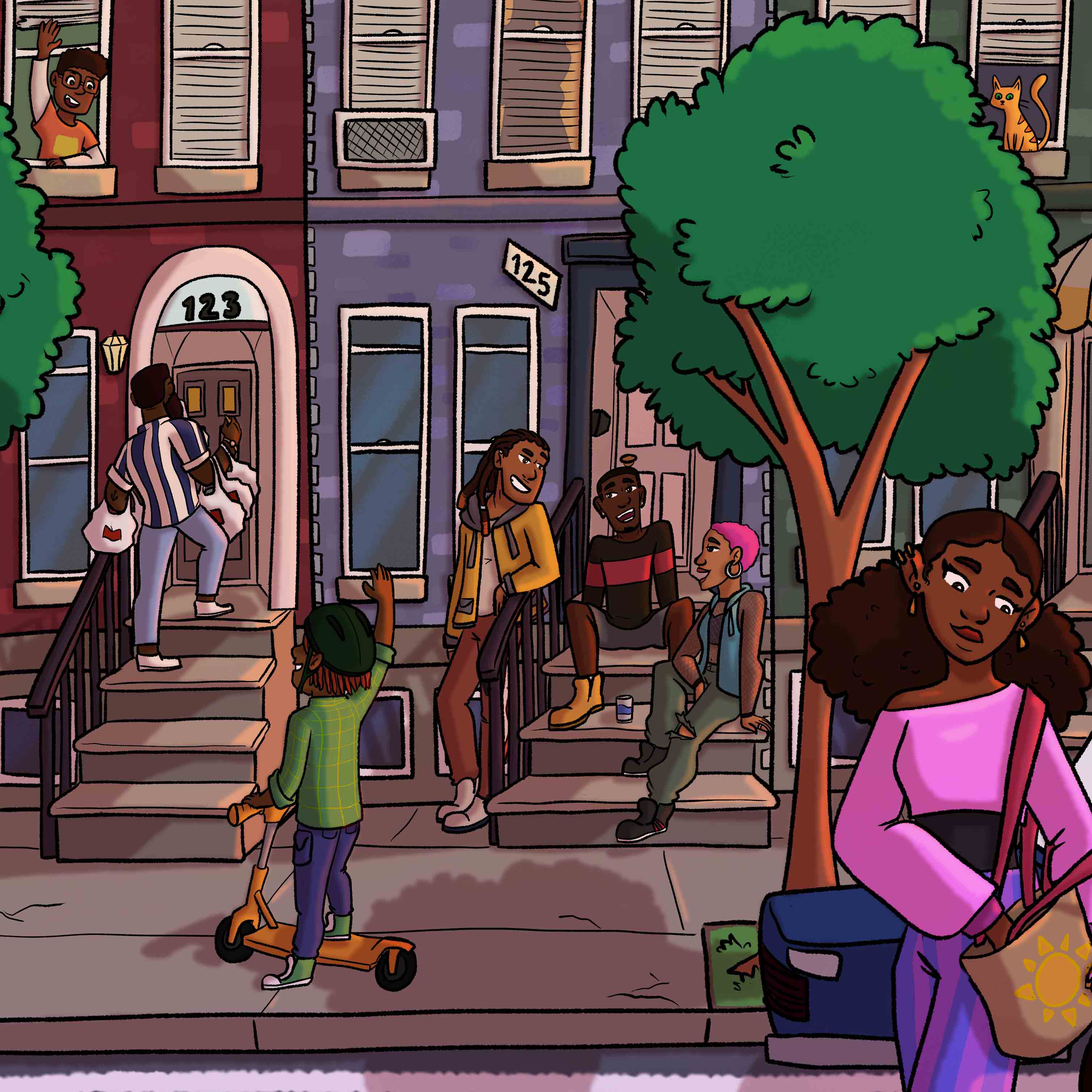 Cover image issue 6 depicts a digital drawing of a colorful block in Baltimore city featuring a a street and stoop conversation between neighbors brightly dressed