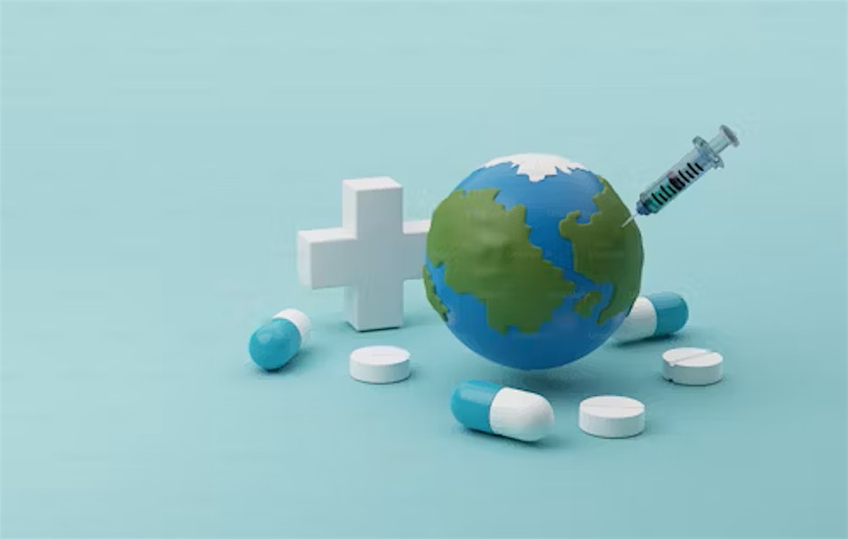 globe with a needle and pills