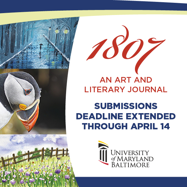 1807 with submissions due April 14 and illustration of man walking under streetlamps in the rain; photo of a puffin; and painting of a field