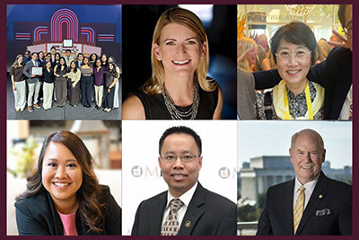 Photo collage of APhA-ASP student chapter; Nicole Brandt; Sandy Jheong Rhie; Deanna Tran; Hoai-An Truong; and Thomas Menighan.