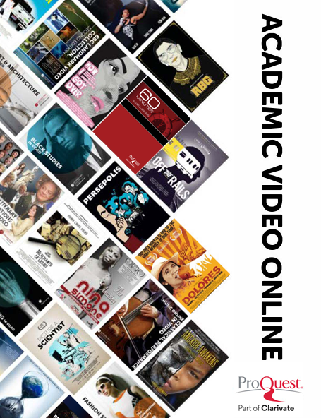 Promotional graphic for Academic Video Online showing a collage of film and documentary thumbnails.