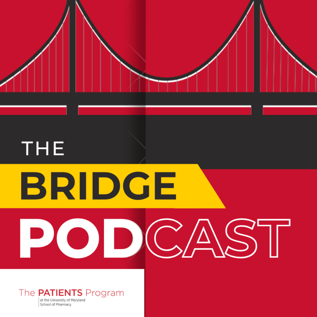 Podcast cover graphic with a red background, a stylized suspension bridge illustration, and large text reading ‘The Bridge Podcast,’ featuring The PATIENTS Program branding