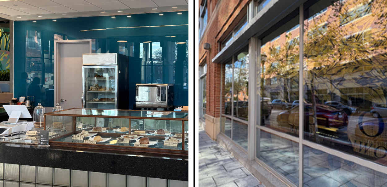 Left: The Bun Shop coffee bar with a bakery case. Right: Street‑level view of Bijou by Buttonwood, showing the building’s windows.