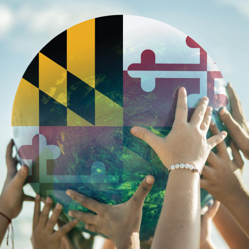 MD Flag globe being held up by many hands