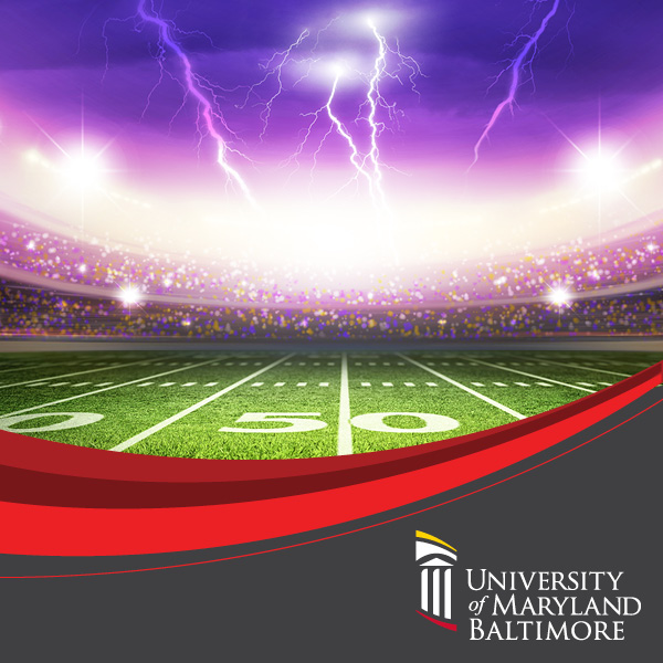 Graphic of football stadium with purple sky and University of Maryland, Baltimore logo