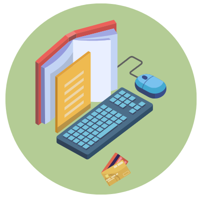 Manual with computer keyboard and mouse