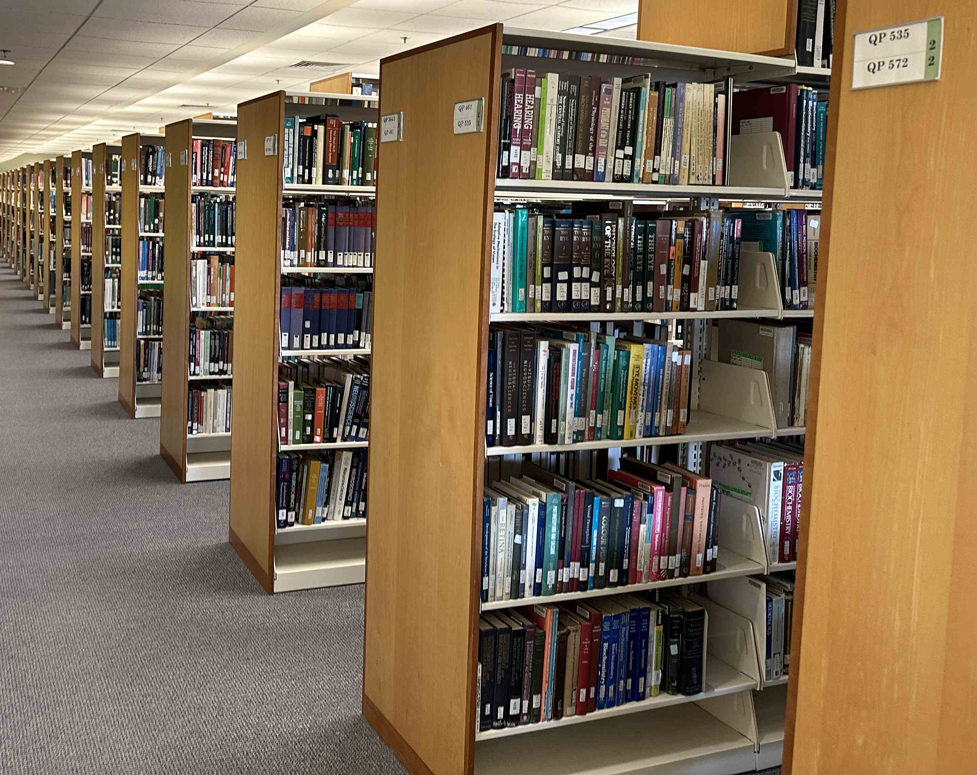 Stacks of books on the HSHSL's fifth floor.