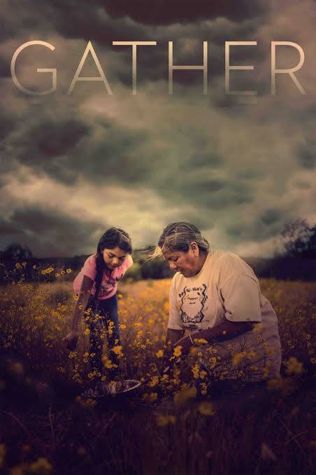 The 'Gather' film poster. An elderly woman works in a flower field with young girl.