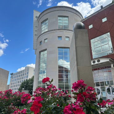 HSHSL building in the spring with pink roses blooming outside.