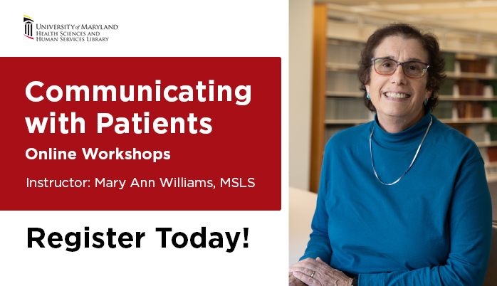 Flier for Health Literacy Month Workshops picturing librarian Mary Ann Williams.