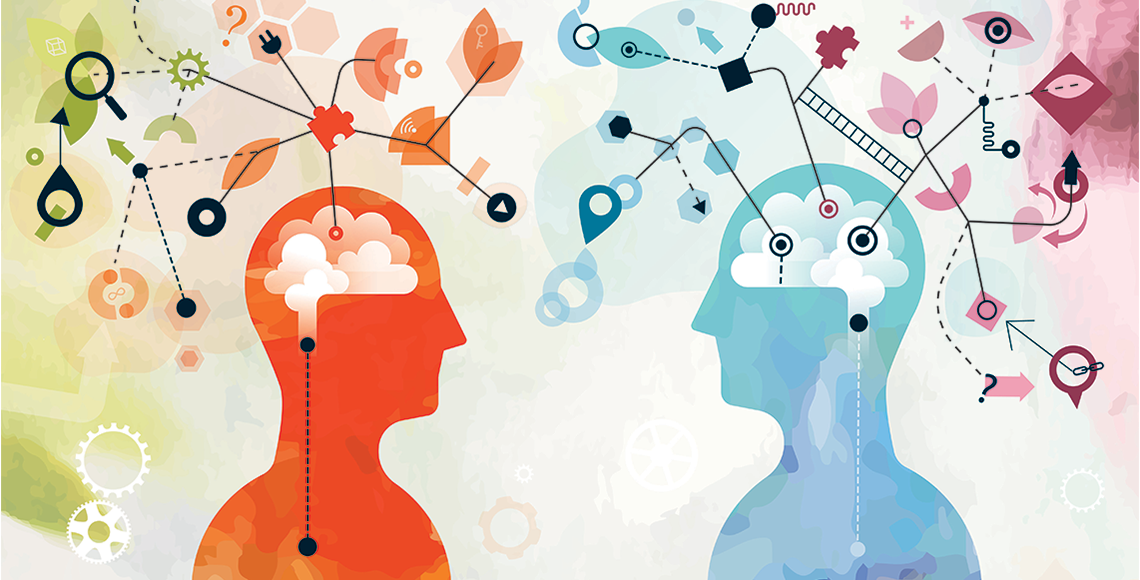 Abstract illustration of orange and blue human profiles with cloud-filled heads, connected by icons and lines, symbolizing ideas, learning, and creativity.