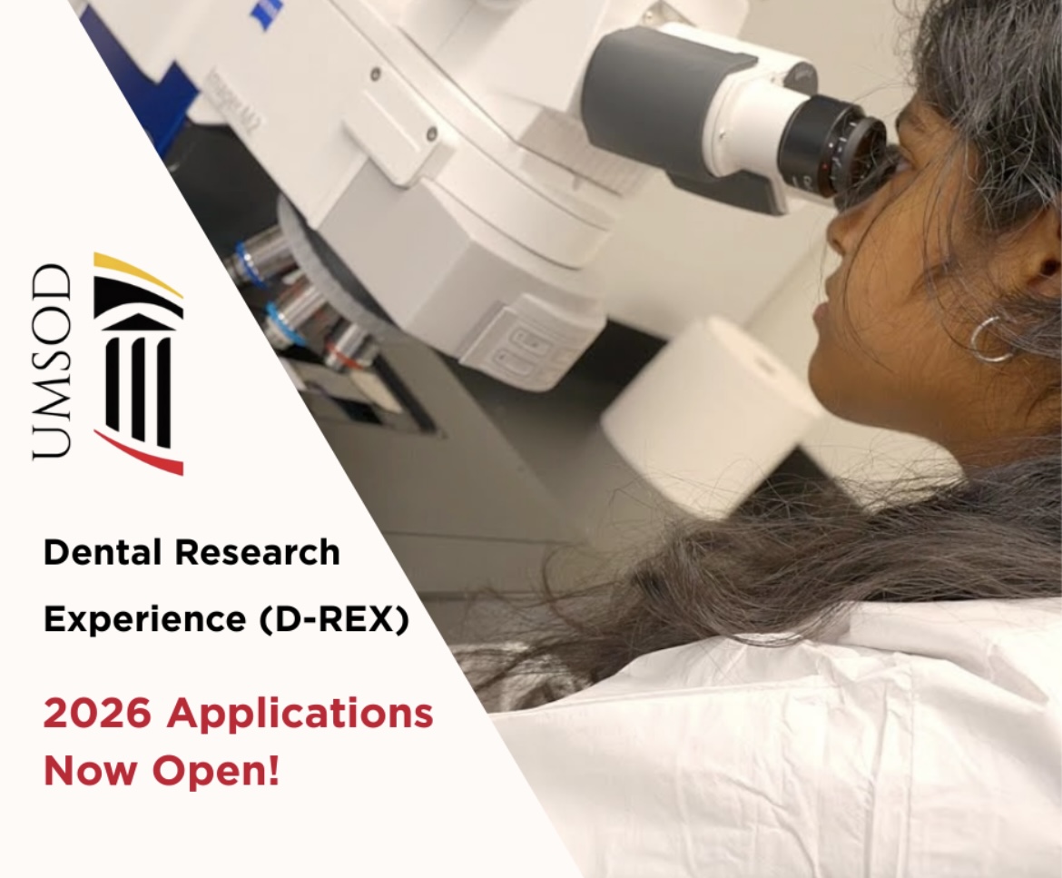 woman looking into microscope with words: Dental Research Experience