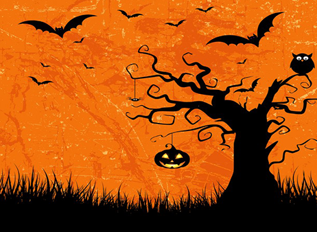 Halloween with orange background and jack o'lantern on a tree branch