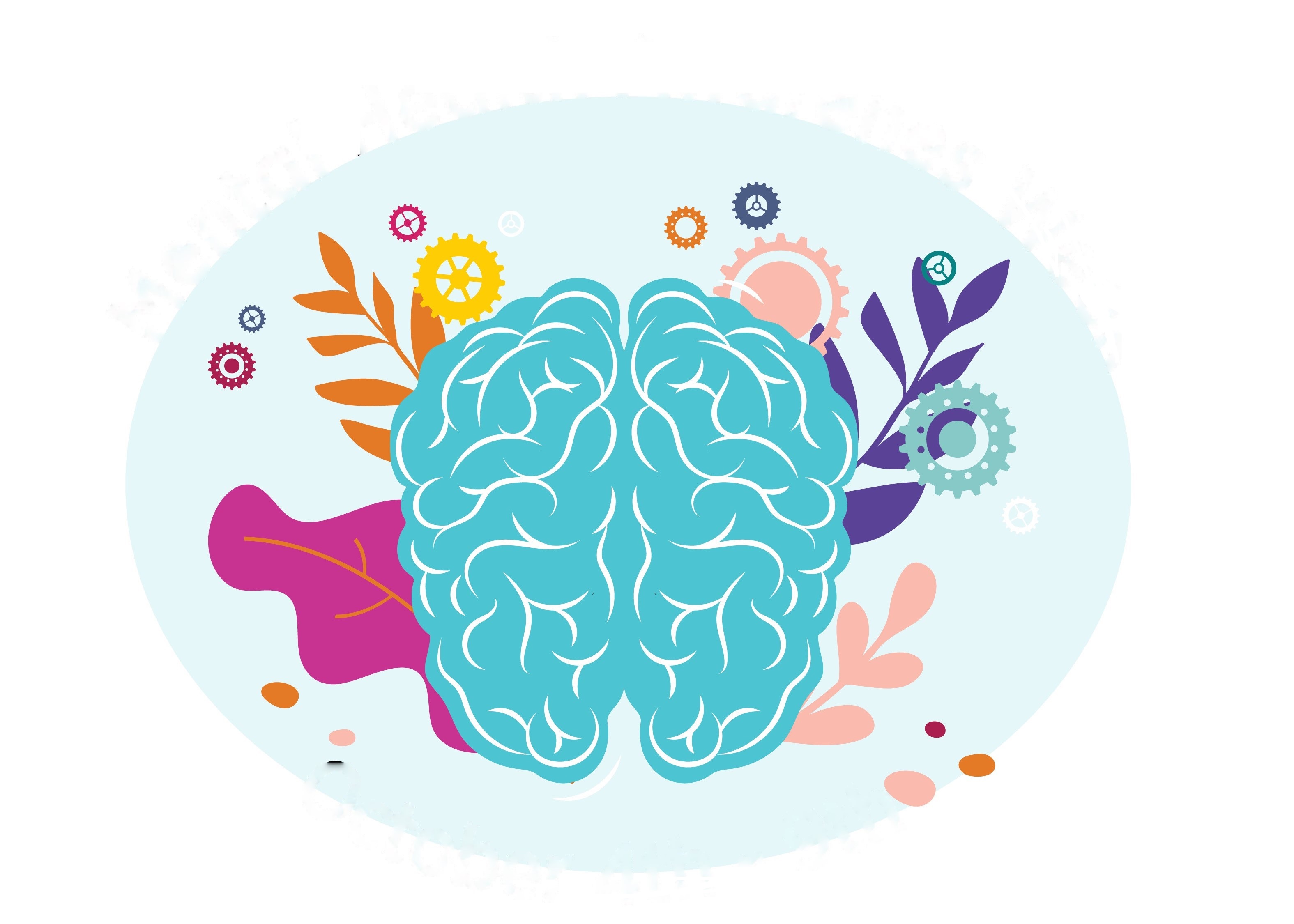 blue colored brain with various color flowers growing from inside