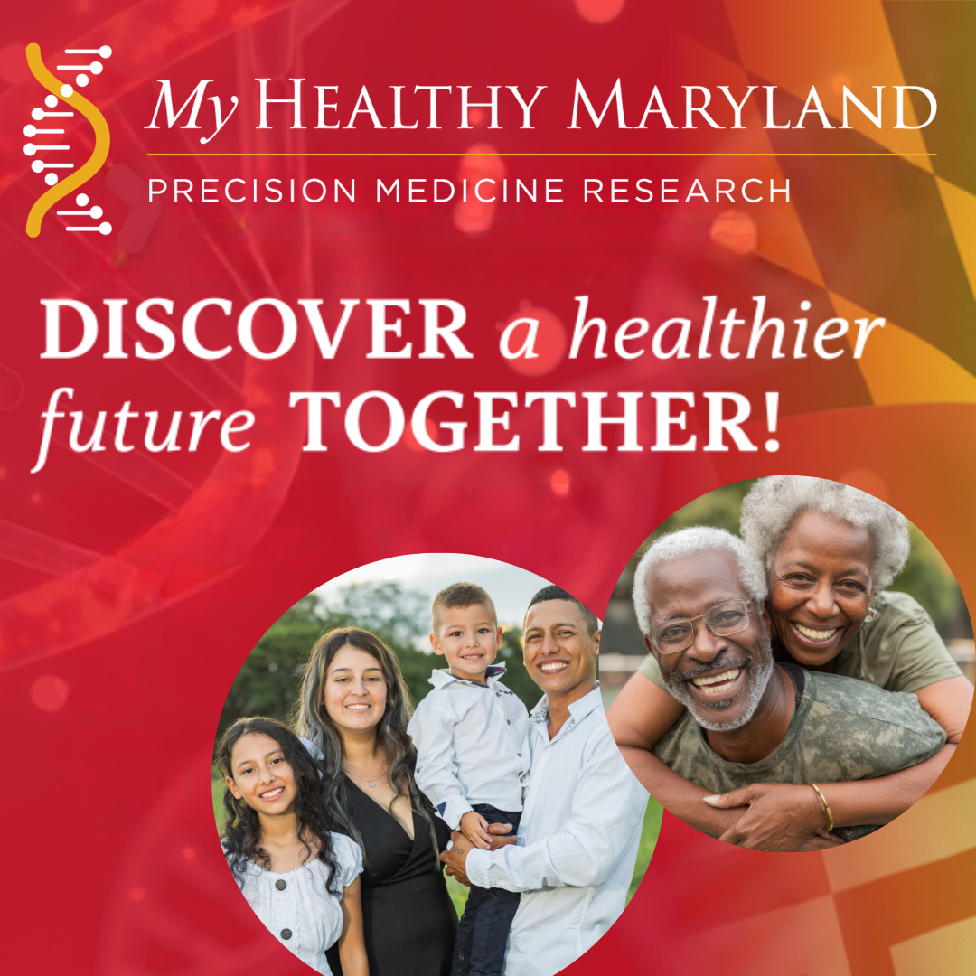 Discover a healthier future together with two photos: one of a couple with two children and one of an older couple