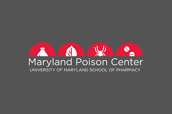 Maryland Poison Center University of Maryland School of Pharmacy logo with icons of a bottle, plant, spider, and pills