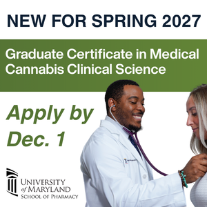 Student listening to a patient's heartbeat with words next to him about applying to the Graduate Certificate in Medical Cannabis Clinical Science by Dec. 1. 