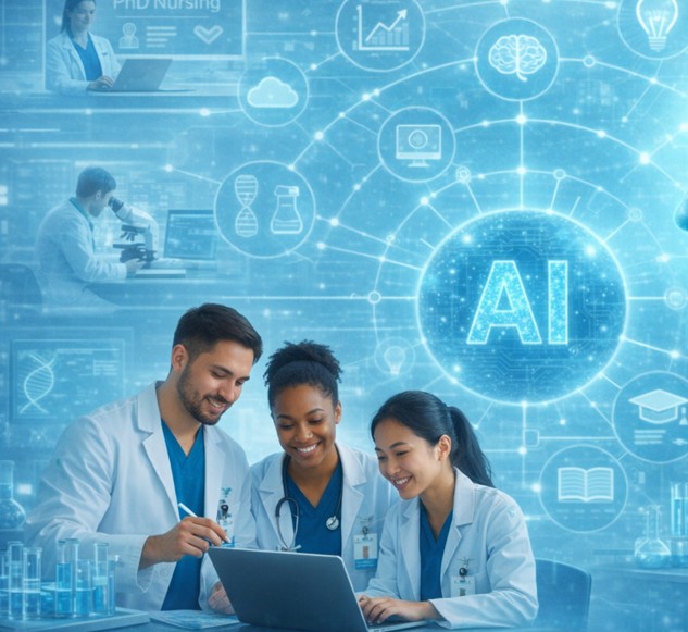 Three healthcare professionals in lab coats collaborate on a laptop, surrounded by a glowing blue AI network of medical and educational icons.