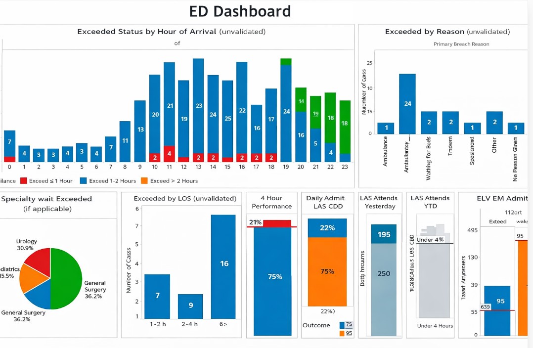ED Dashboard showing charts on exceeded wait times by hour, breach reasons, specialty waits, length of stay, 4-hour performance (75%), and daily admissions data.