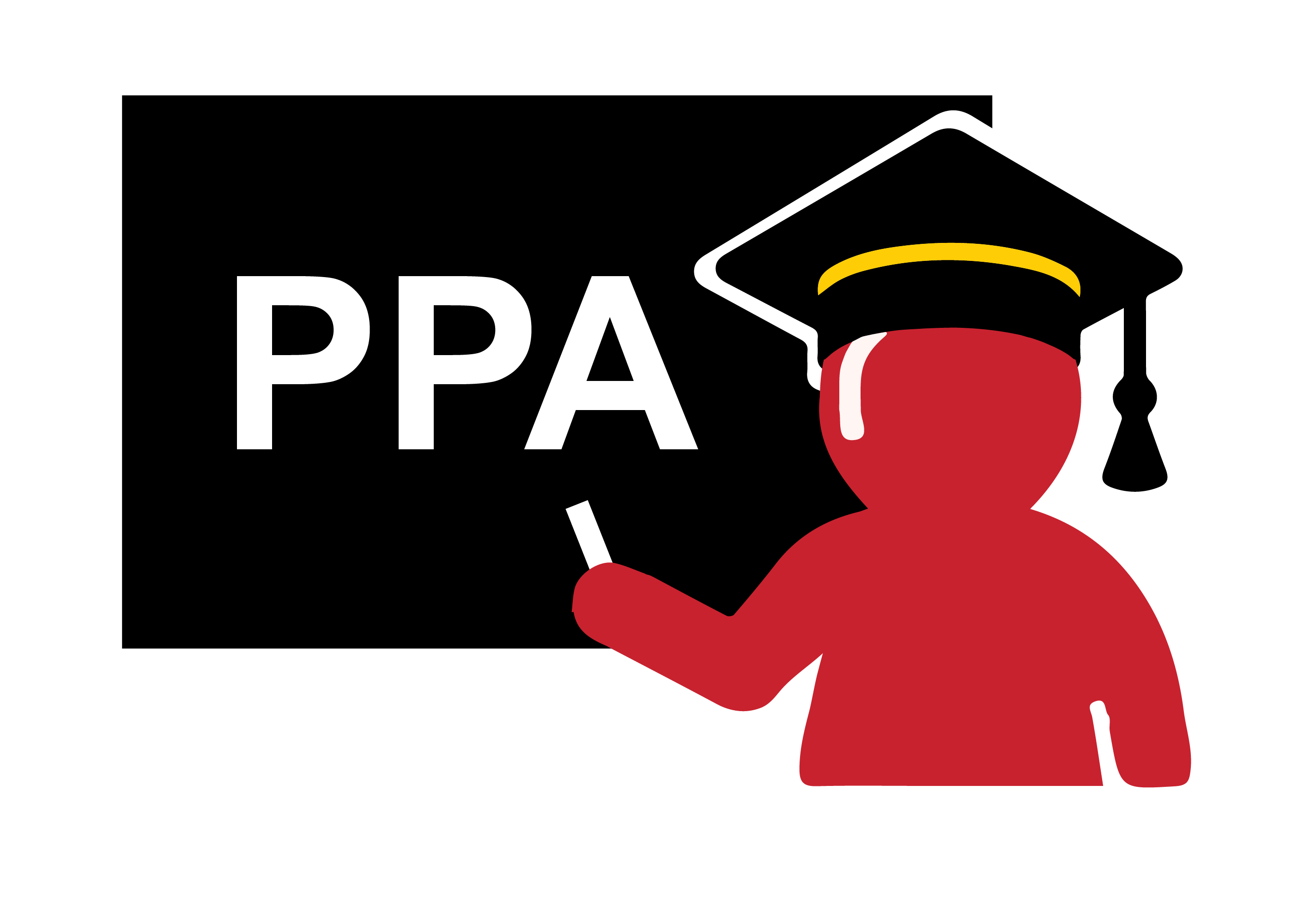 red person wearing a graduation cap pointing at a chalkboard that says PPA