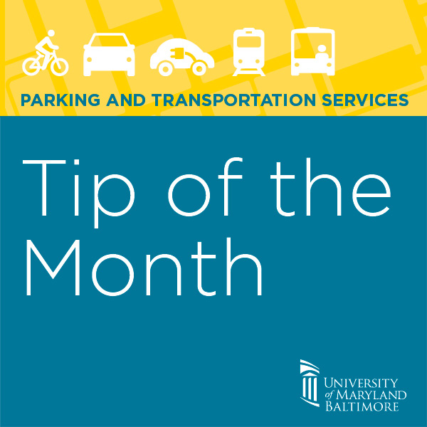 Parking and Transportation Services Tip of the Month graphic showing jumper cables connected to a vehicle battery during a jump-start.