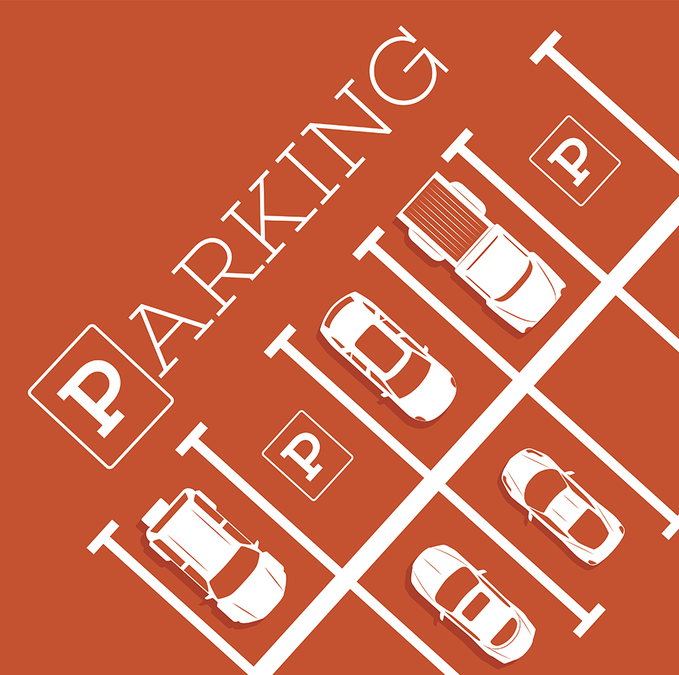 parking graphic with orange background and cars in parking spots