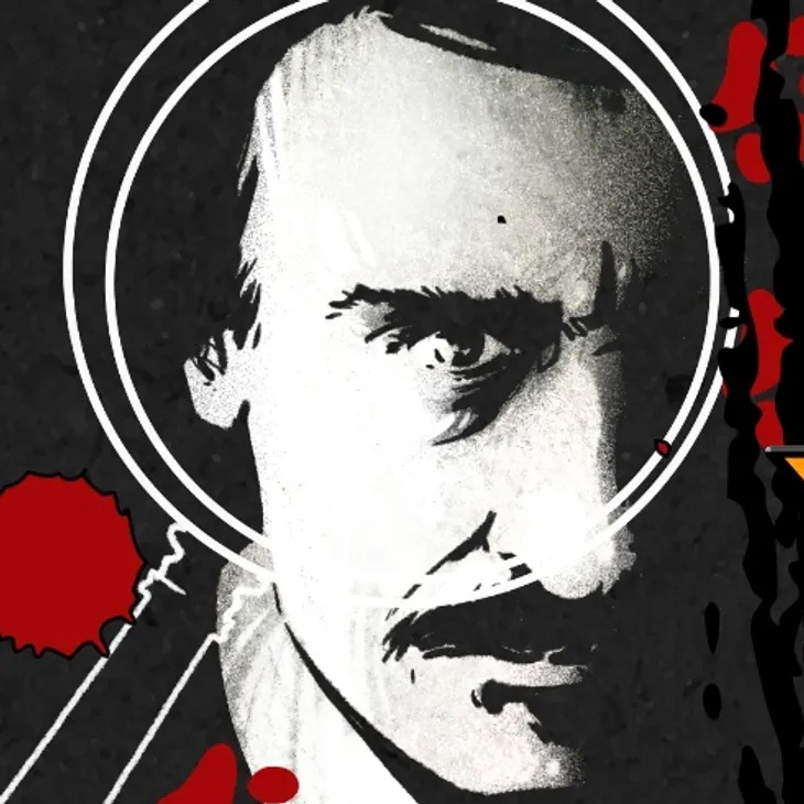 Image of Edgar Allan Poe and a magnifying glass