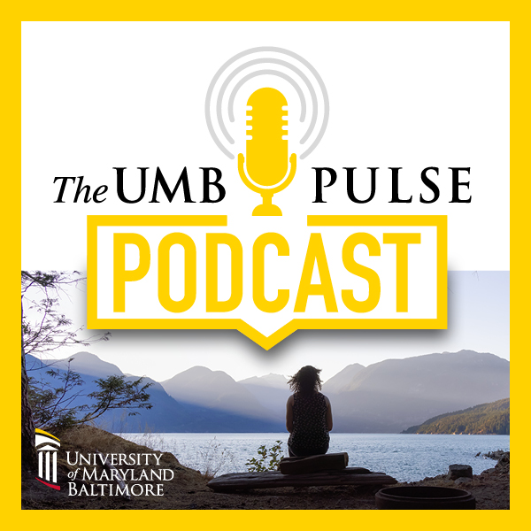 woman sitting in front of lake with UMB Pulse Podcast logo