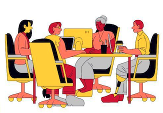 Graphic of four people sitting around a table with a computer in the middle