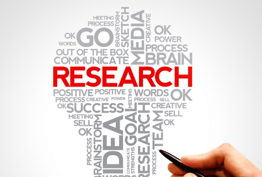 graphic in the shape of a light bulb that says RESEARCH in red type in the middle