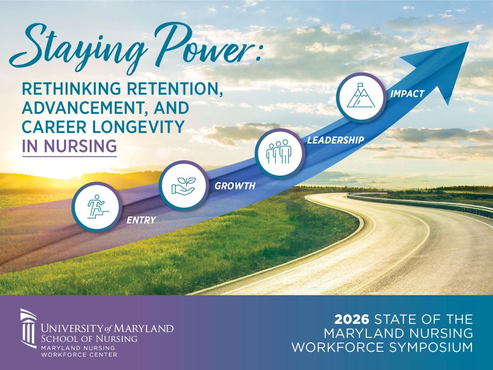 Infographic titled “Staying Power” shows a road and upward arrow marking nursing career stages: entry, growth, leadership, and impact.