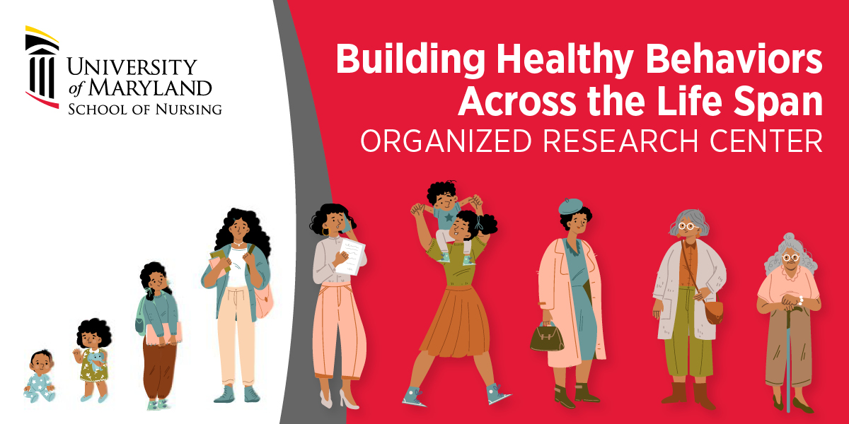 Building Health Behaviors Across the Life Span Organized Research Center with illustration of person aging and UMSON logo