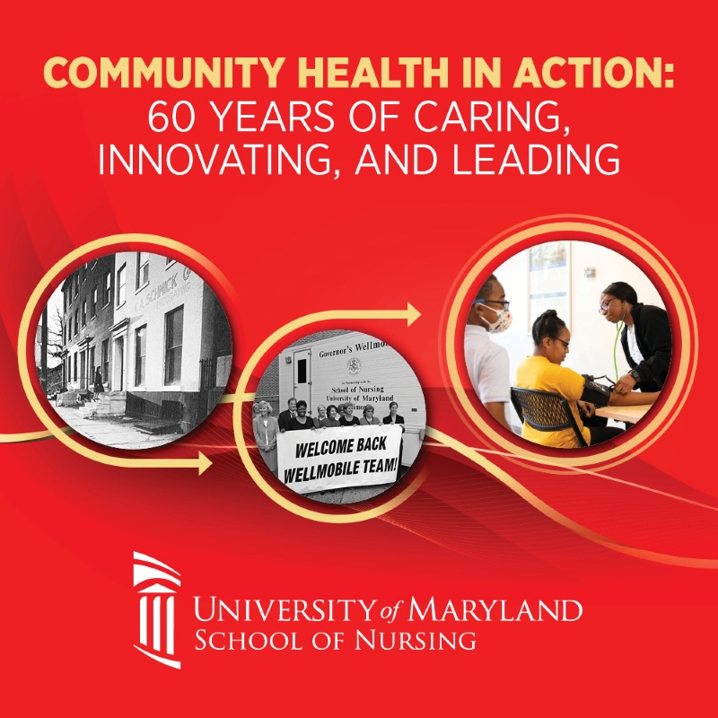 Community Health in Action: 60 Years of Caring, Innovating, and Leading on a red background with black and white historical images of community/puyblic health in circles surrounded by gold arrows.