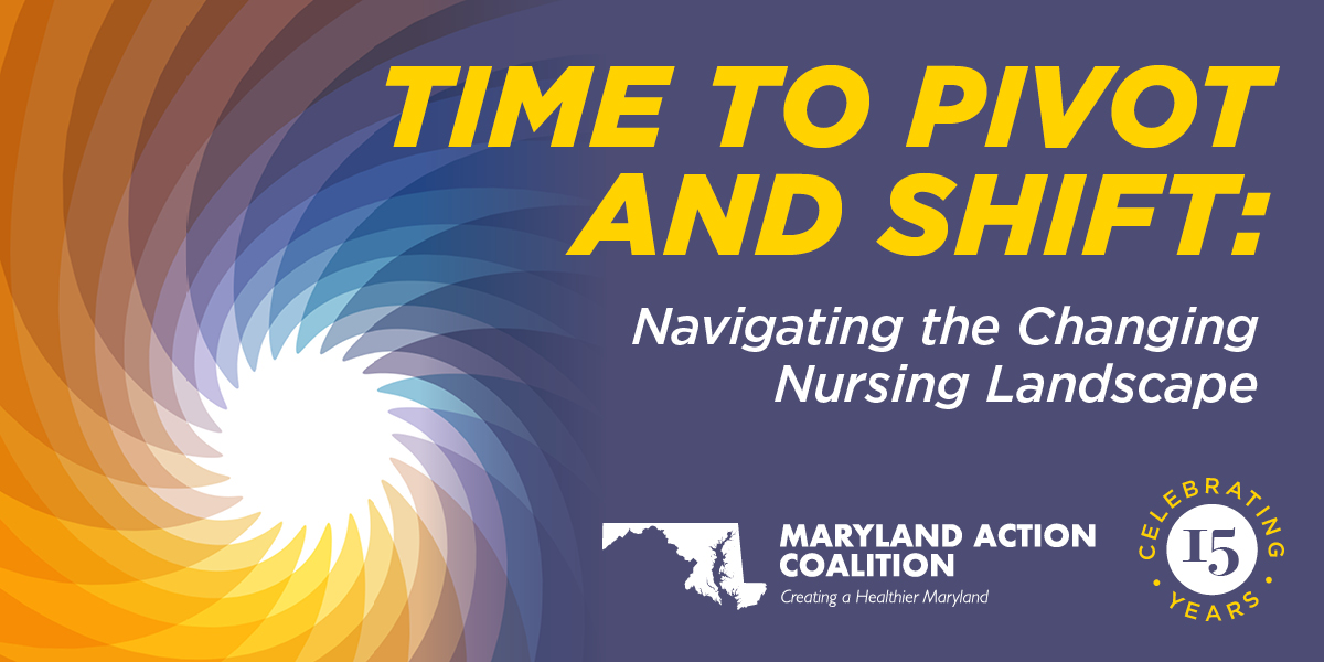 Time to Pivot and Shift: Navigating the Changing Nursing Landscape in white text on a periwinkle background with a multicolored spriral design and the MDAC logo