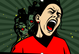 Graphic of woman yelling while a zombie approached