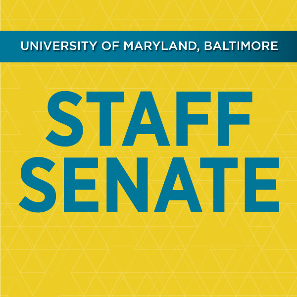 University of Maryland Baltimore in white text over blue banner; Staff Senate in blue text over yellow background