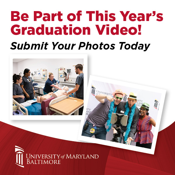 Be Part of This Year's Graduation Video headline, with group of three enjoying a festive photo op with teal boas and fedora hats and a group of people learning in a nursing simulation lab