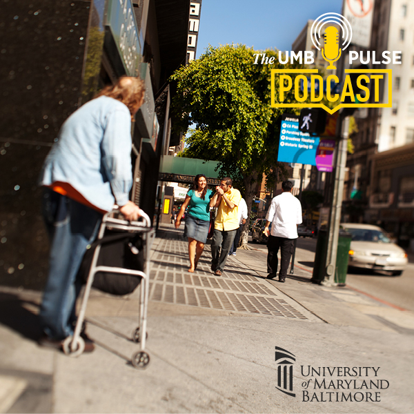 woman walking on sidewalk with a walker; UMB Pulse Podcast logo in top right corner
